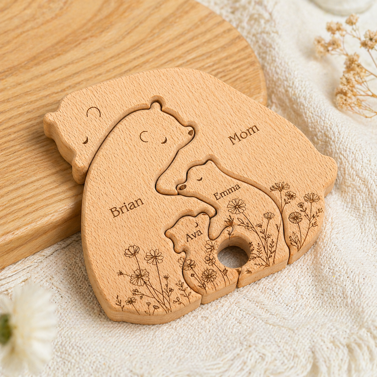 Personalisiertes Holzpuzzle „Bärenfamilie“ – Individuelles Namensgeschenk für Mama, Muttertag, Familienerbstück Deko