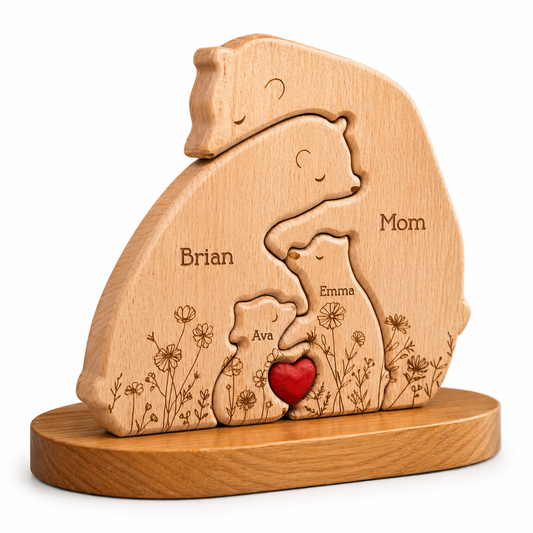 Personalized Wooden Bear Family Puzzle – Custom Name Gift for Mom, Mother’s Day, Family Keepsake Decor