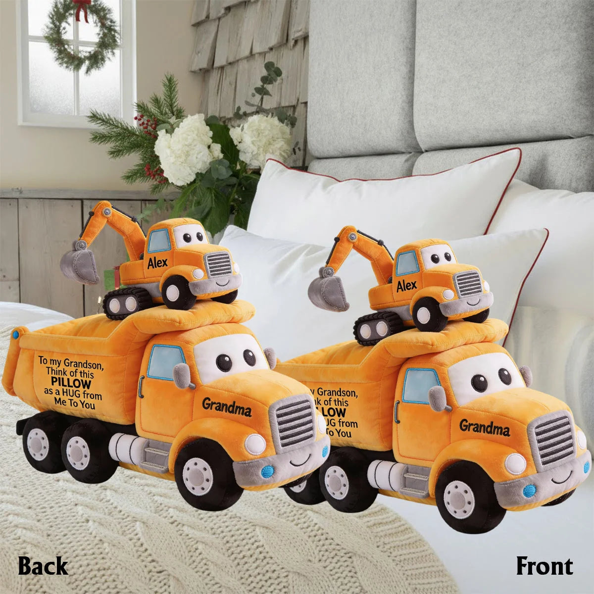 Personalized Construction Truck Faux Fur Shaped Pillow – Custom Name Dump Truck & Excavator Plush Cushion for Kids Room Decor & Gift
