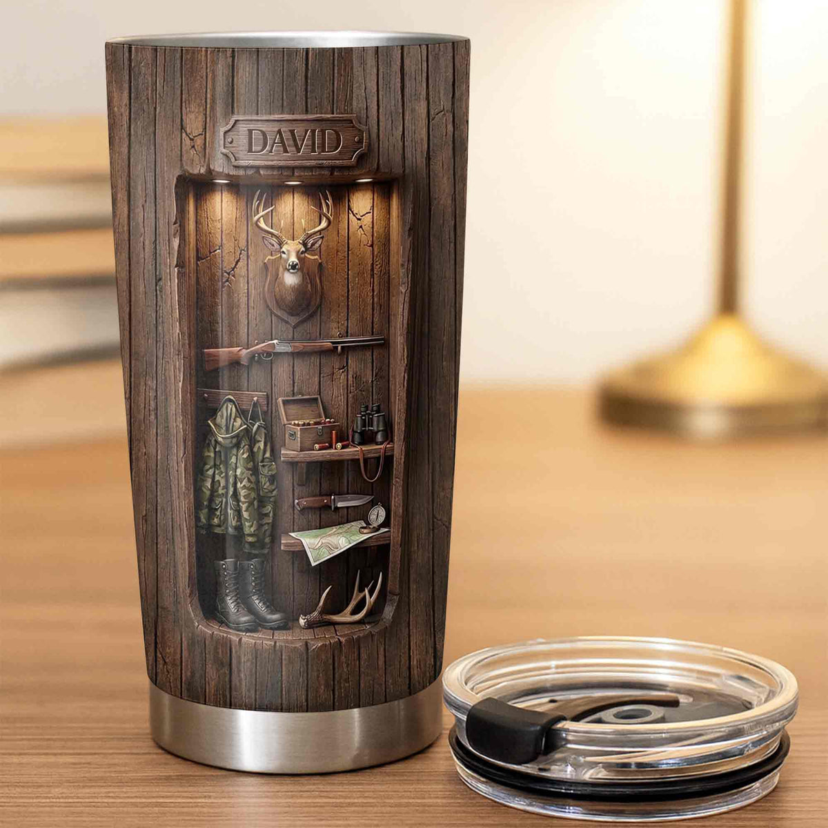 Personalized Hunting Spirit Deer Cabin Tumbler – Custom Name Stainless Steel Travel Mug Gift for Hunters & Dad