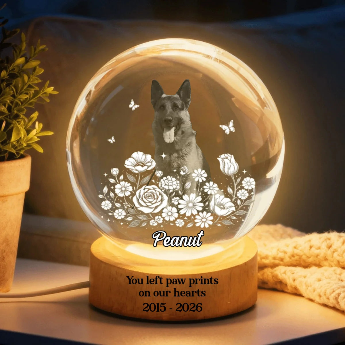 Personalized Pet Photo Crystal Sphere Night Lamp – Custom Dog & Cat Portrait 3D Etched LED Memorial Gift