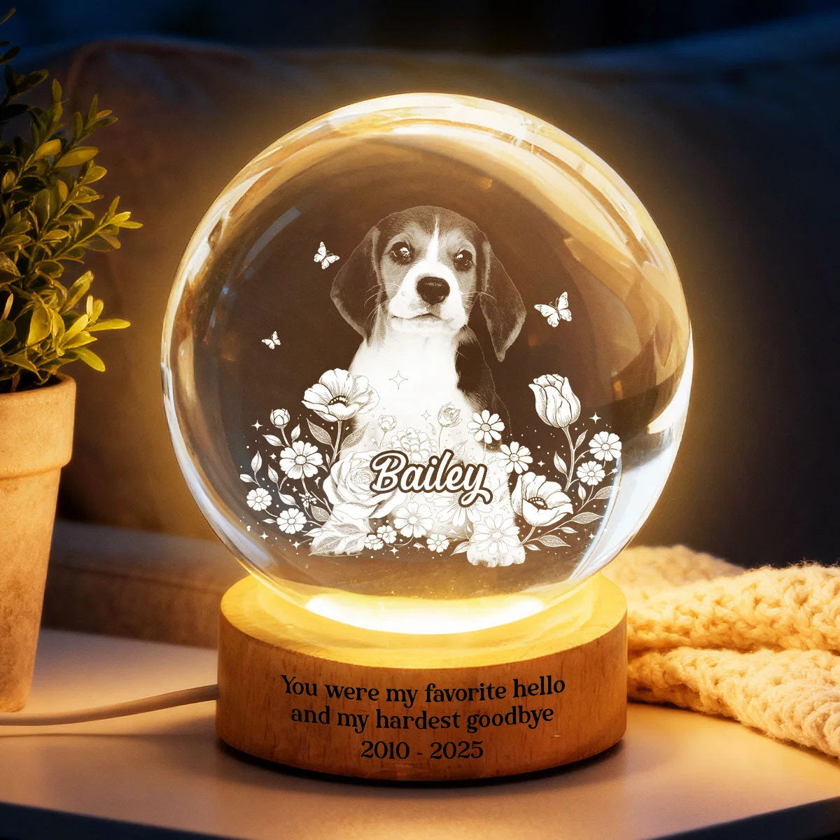Personalized Pet Photo Crystal Sphere Night Lamp – Custom Dog & Cat Portrait 3D Etched LED Memorial Gift
