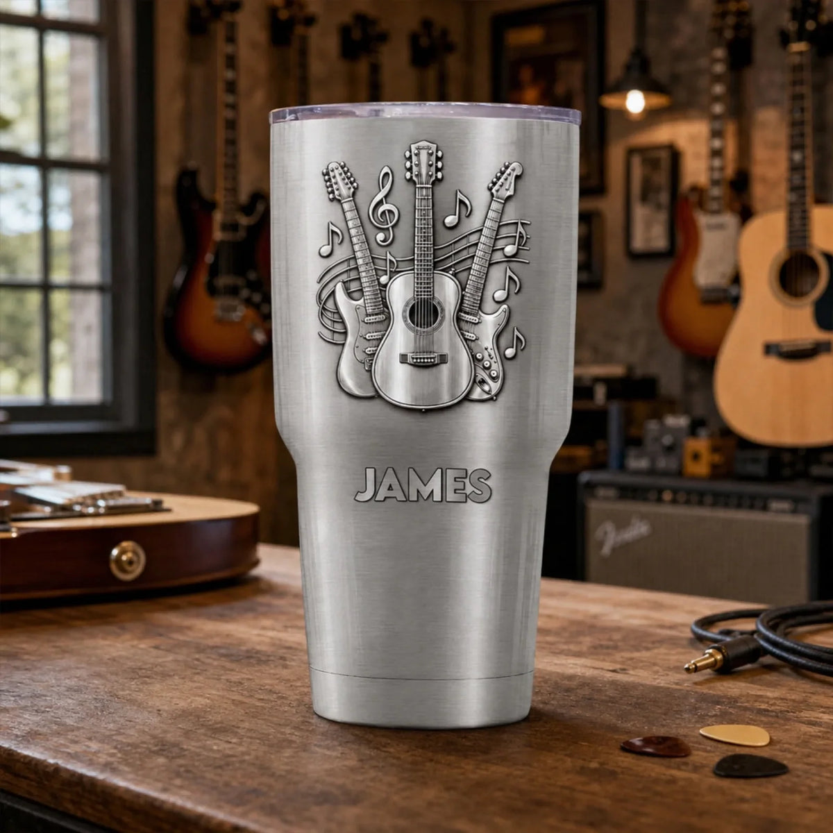 Personalized Guitar Music Tumbler – Custom Name Stainless Steel Travel Mug Gift for Guitarists & Musicians