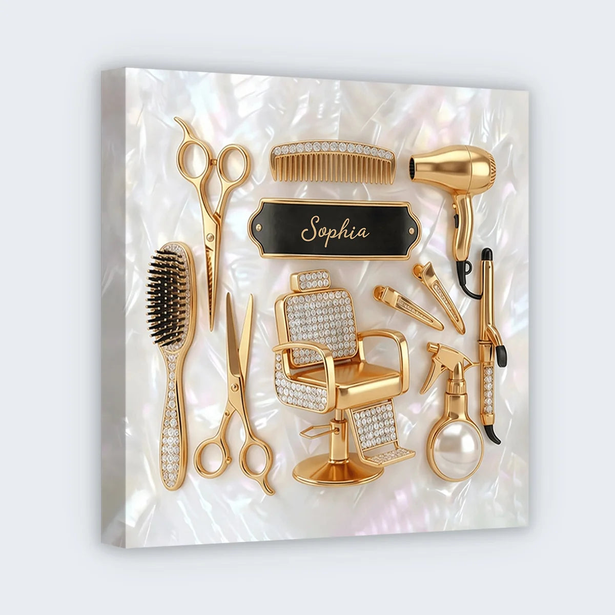 Personalized Gold Salon Tools Canvas Wall Art – Custom Name Hair Stylist & Hairdresser Gift Decor