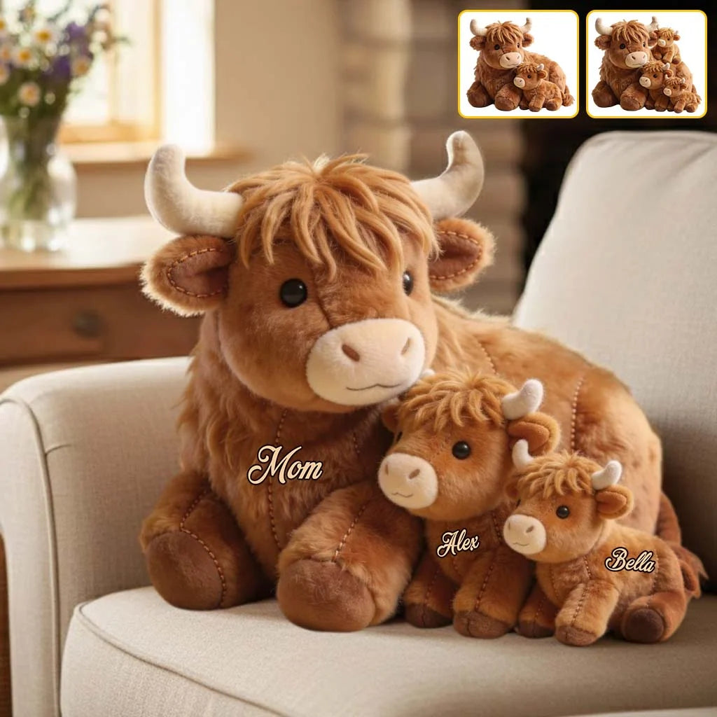 Personalized Cute Highland Cow Mama & Baby Faux Fur Shaped Pillow – Custom Name Mother’s Day Gift Throw Pillow for Home & Nursery Decor