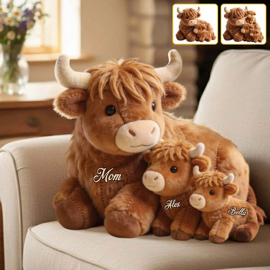 Personalized Cute Highland Cow Mama & Baby Faux Fur Shaped Pillow – Custom Name Mother’s Day Gift Throw Pillow for Home & Nursery Decor