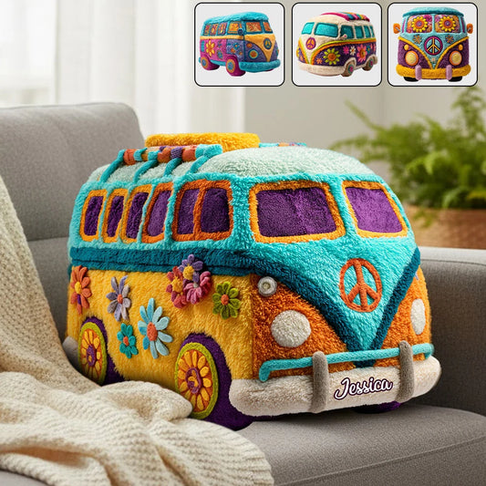Personalized Hippie Van Shaped Pillow – Custom Name Vintage Camper Bus Plush Throw Pillow for Boho Decor & Gift