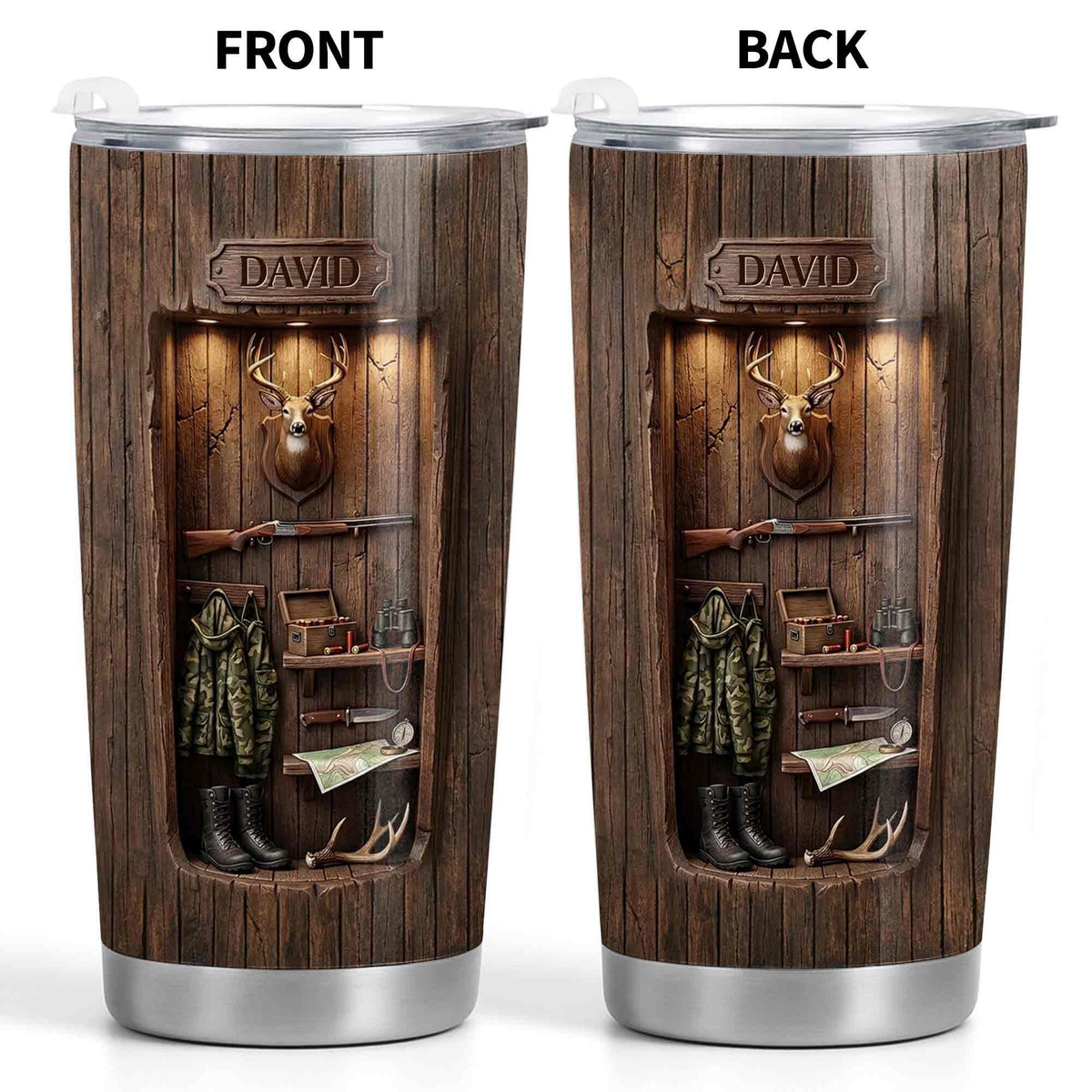 Personalized Hunting Spirit Deer Cabin Tumbler – Custom Name Stainless Steel Travel Mug Gift for Hunters & Dad