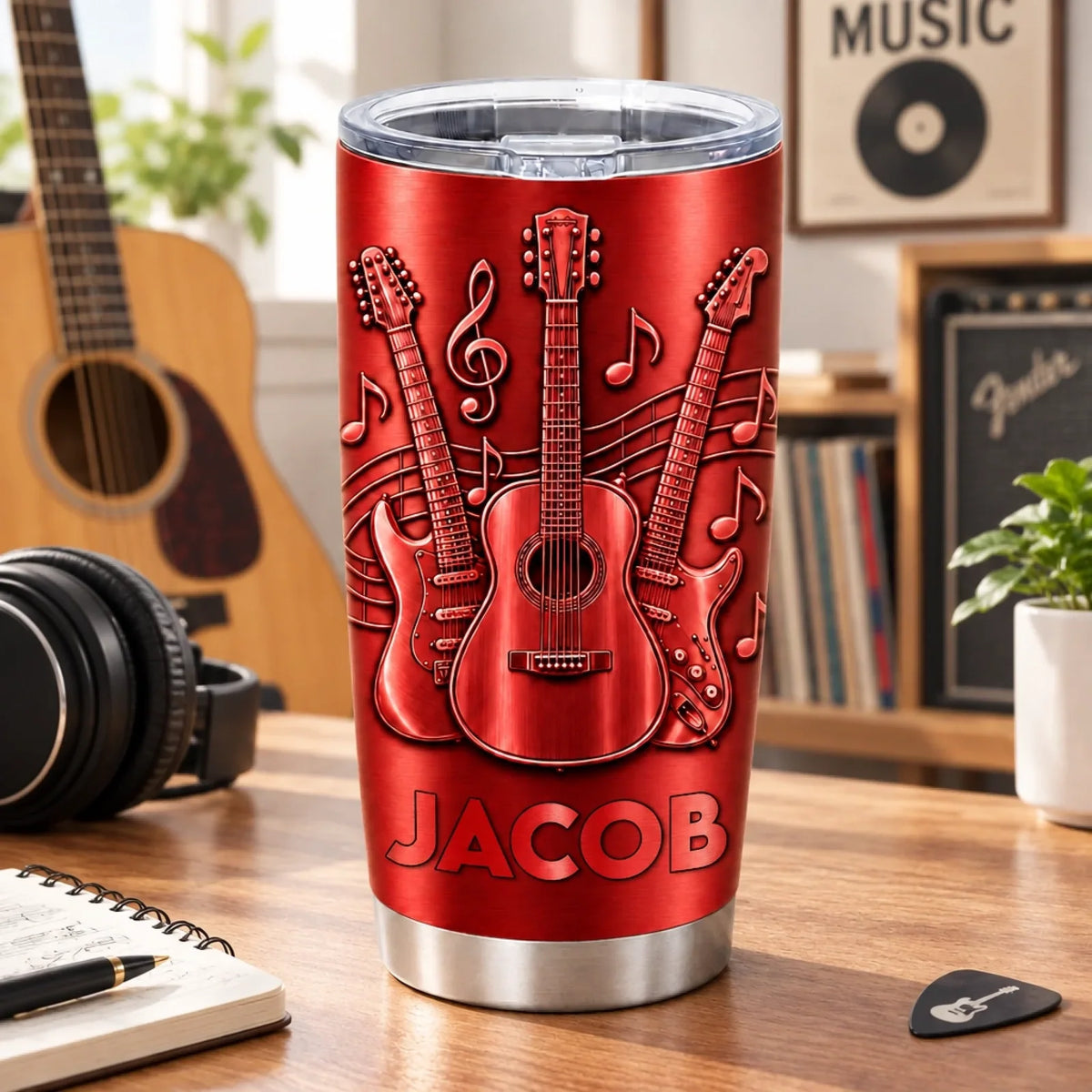 Personalized Guitar Music Tumbler – Custom Name Stainless Steel Travel Mug Gift for Guitarists & Musicians