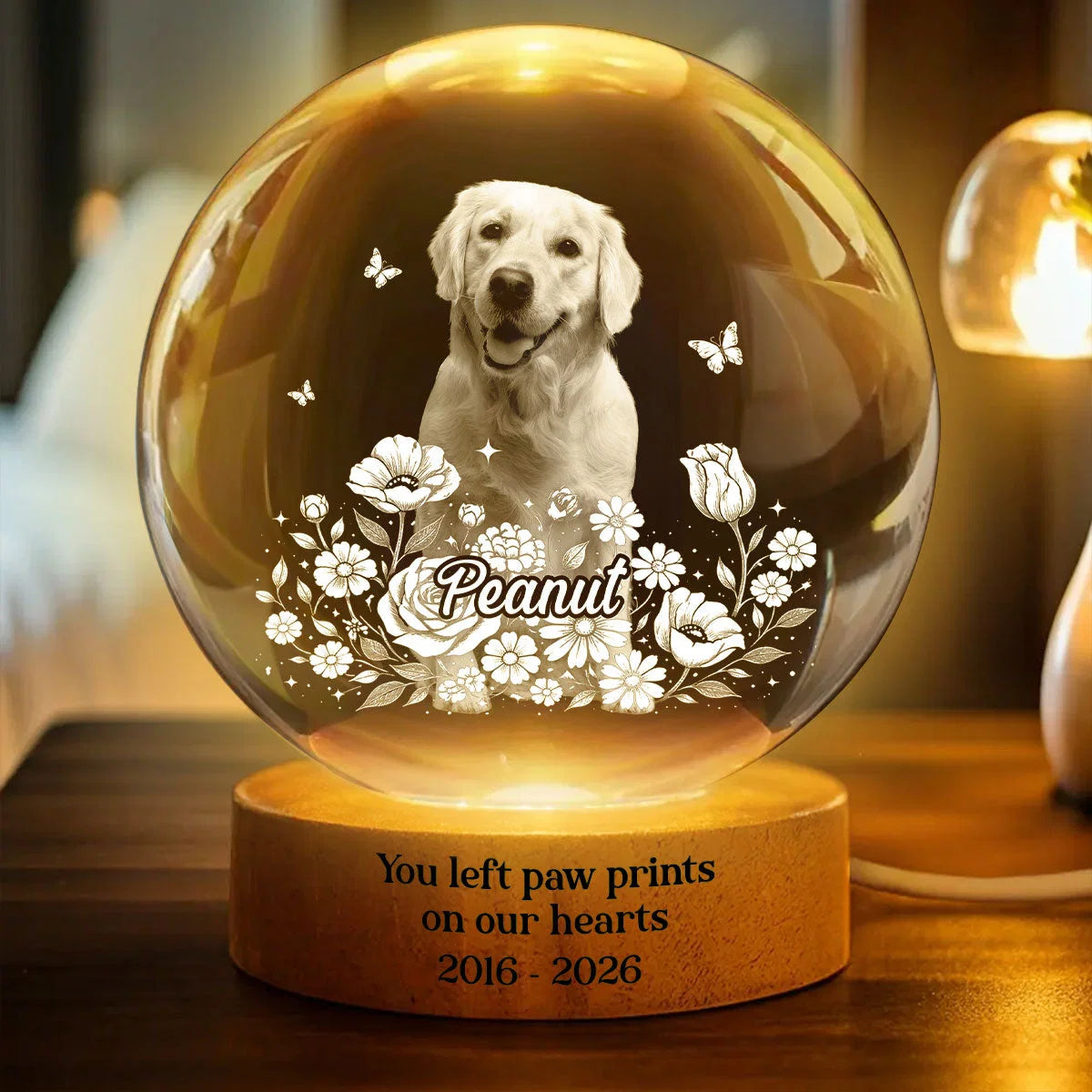 Personalized Pet Photo Crystal Sphere Night Lamp – Custom Dog & Cat Portrait 3D Etched LED Memorial Gift