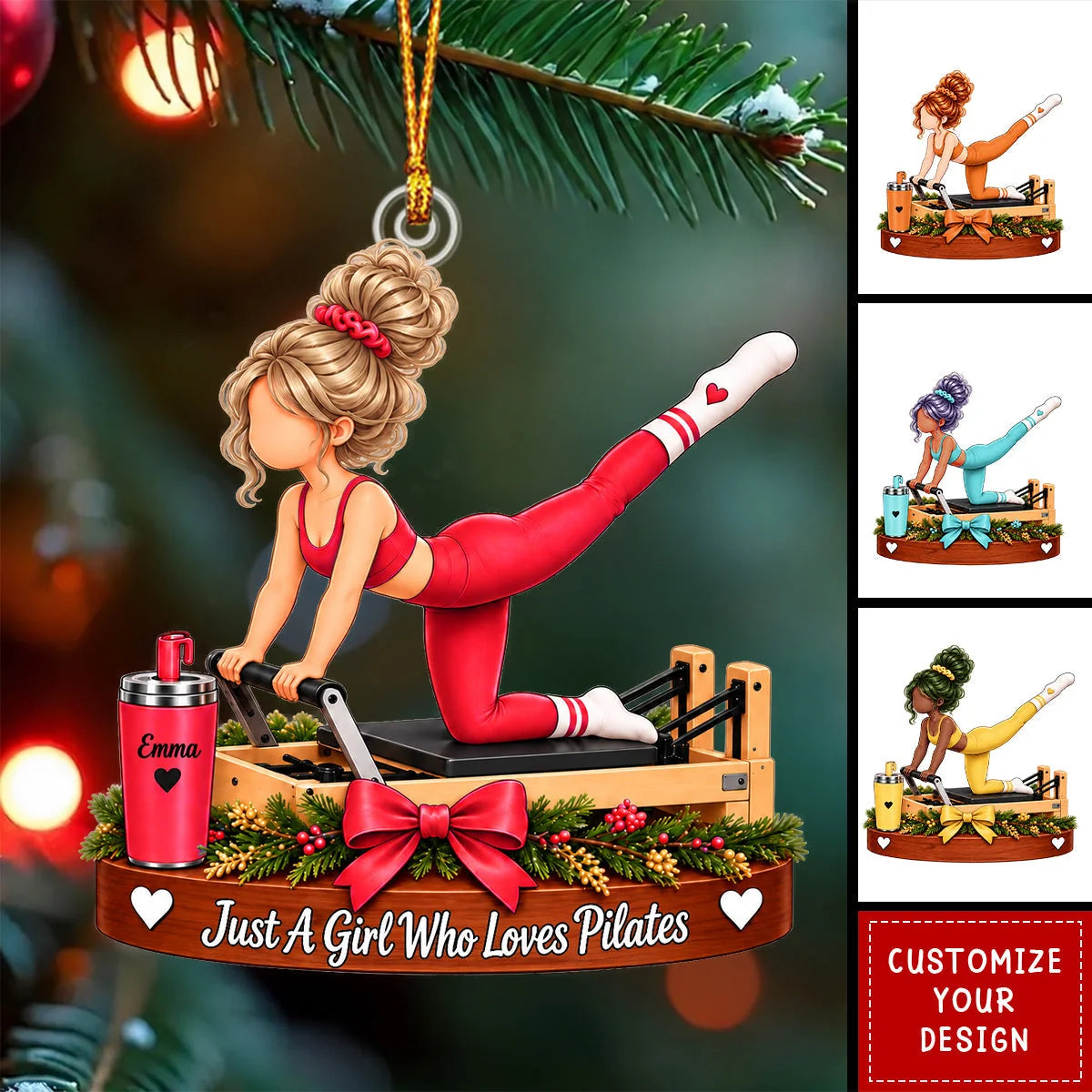 Personalized Pilates Girl 3D Effect Christmas Ornament – Custom Name Pilates Lover Gift Keepsake