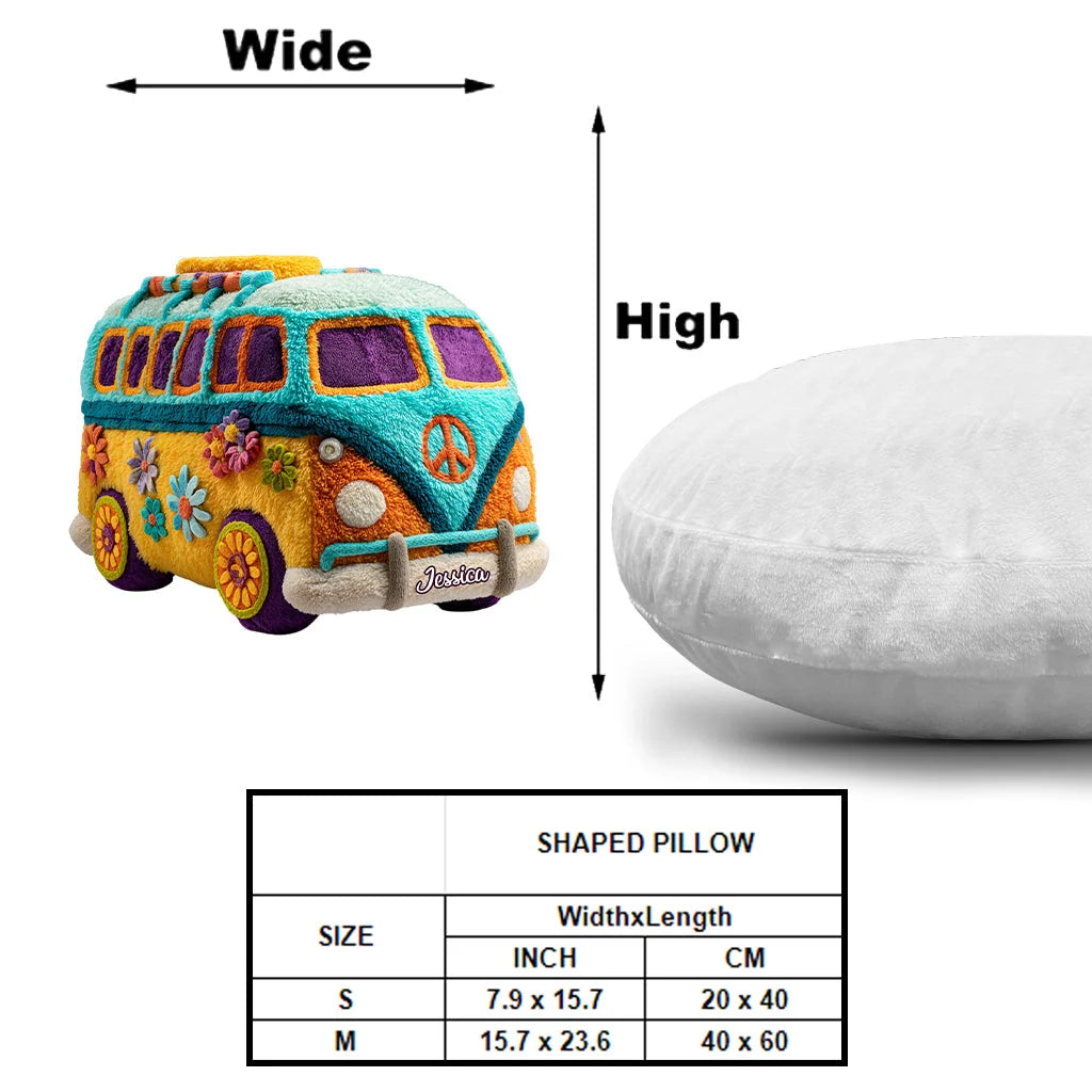 Personalized Hippie Van Shaped Pillow – Custom Name Vintage Camper Bus Plush Throw Pillow for Boho Decor & Gift