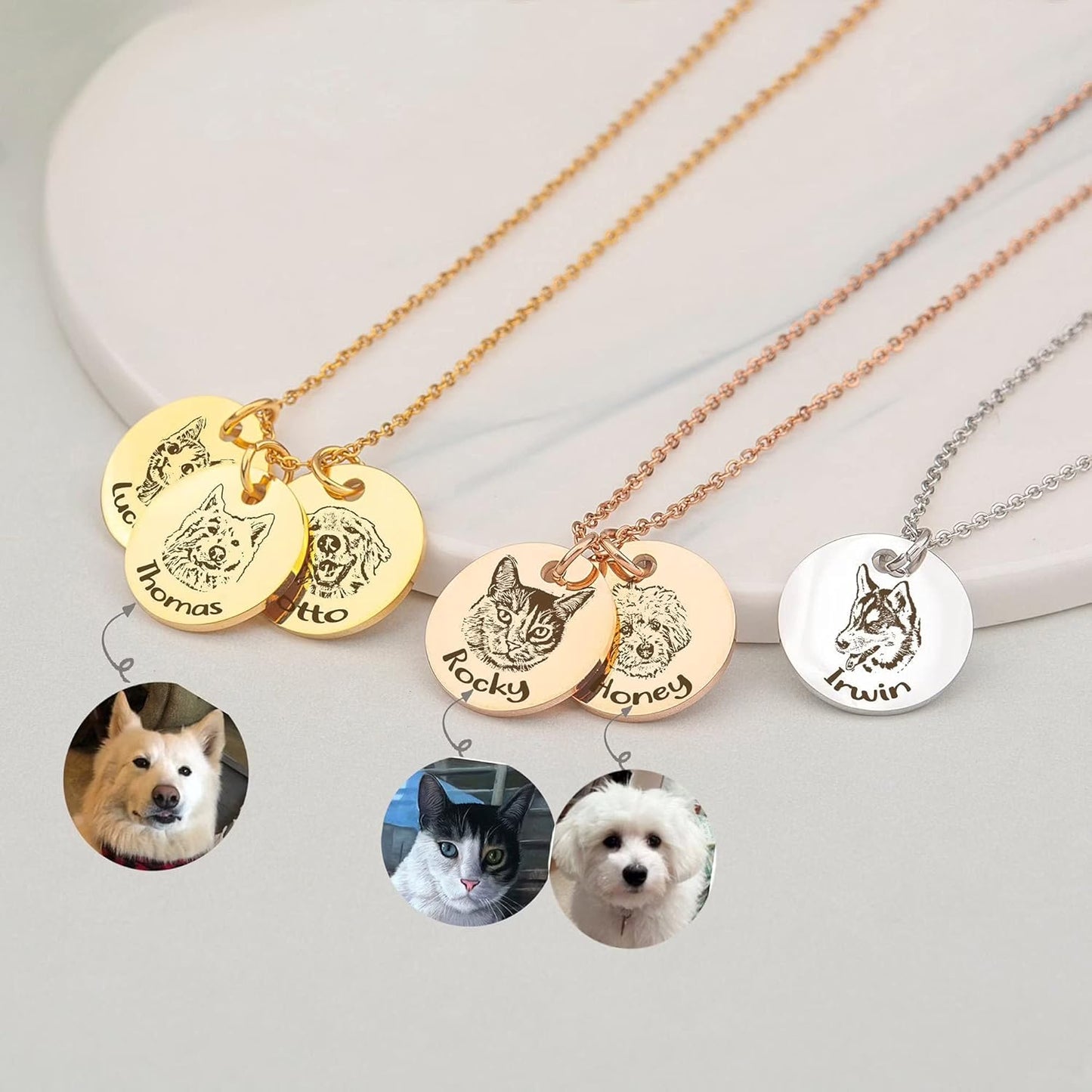 Personalisierte Tierporträt-Halskette, handgefertigtes Gedenkschmuckgeschenk, individuelle runde Scheiben-Foto-Gravur-Halskette für Tierliebhaber
