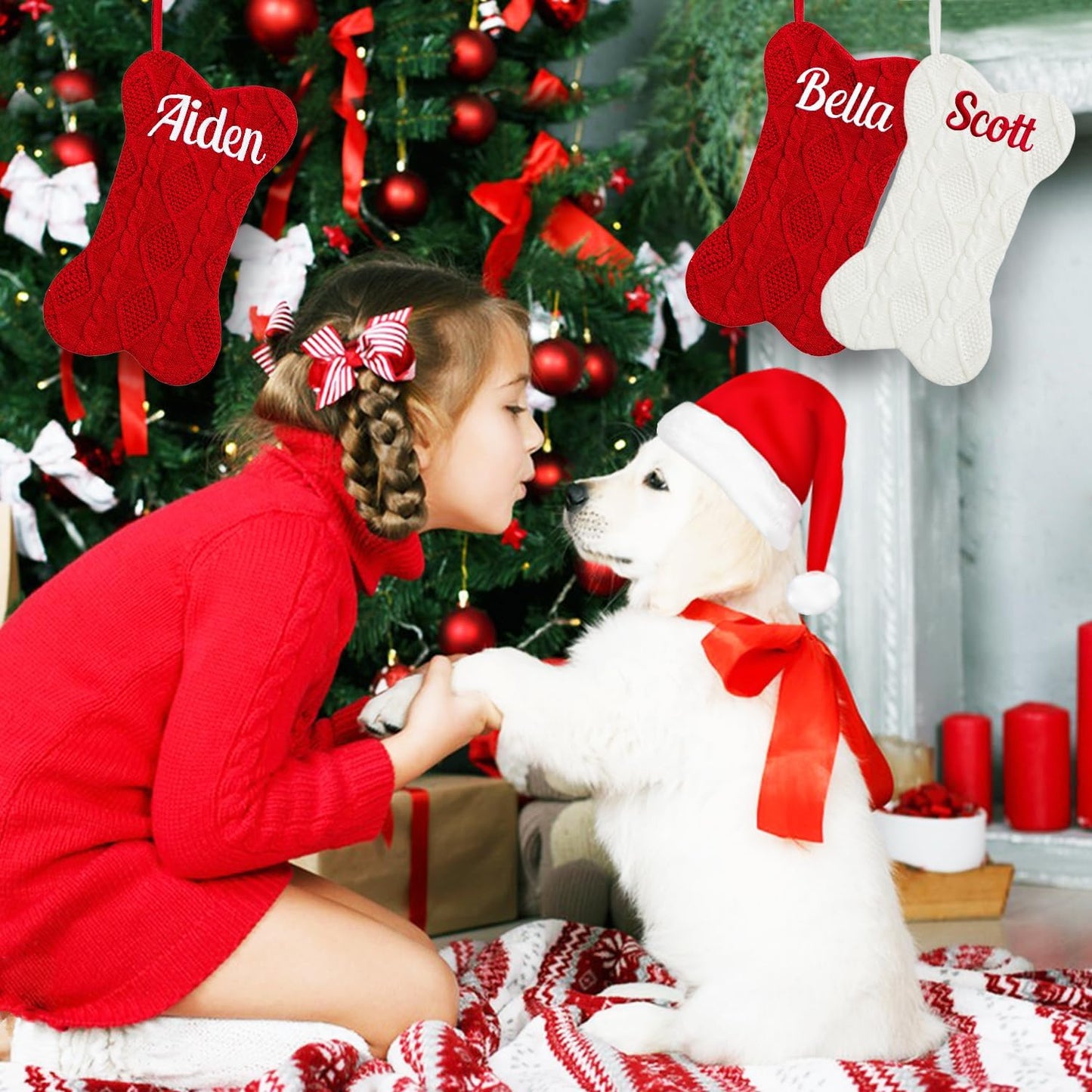 Personalized Christmas Stocking for Dogs & Cats – Large Bone Shape Pet Stocking, Custom Name, Hanging Holiday Decor