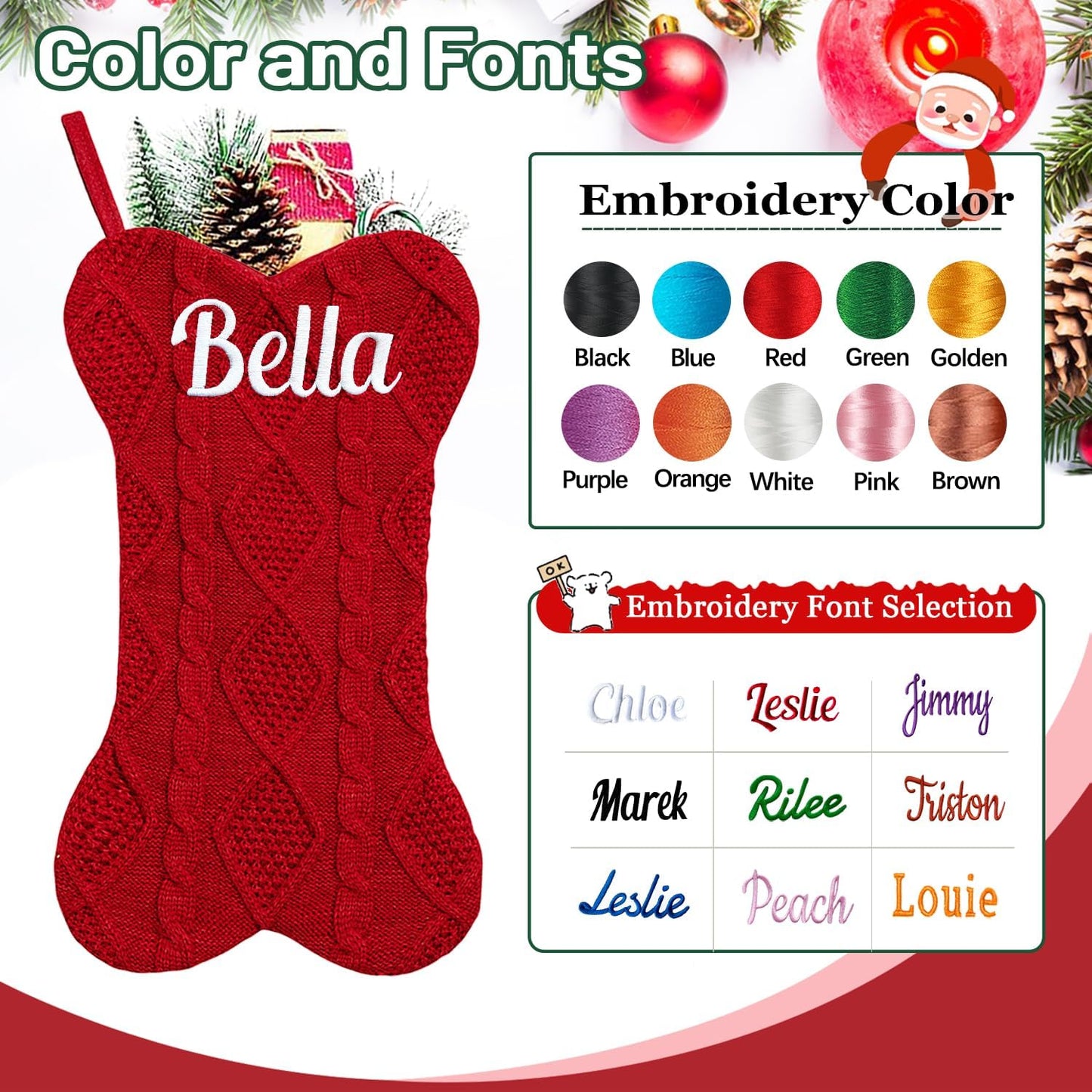 Personalized Christmas Stocking for Dogs & Cats – Large Bone Shape Pet Stocking, Custom Name, Hanging Holiday Decor