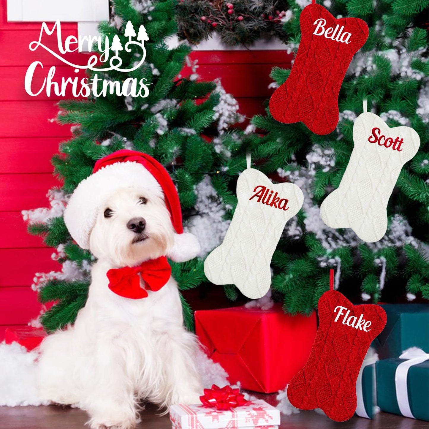 Personalized Christmas Stocking for Dogs & Cats – Large Bone Shape Pet Stocking, Custom Name, Hanging Holiday Decor