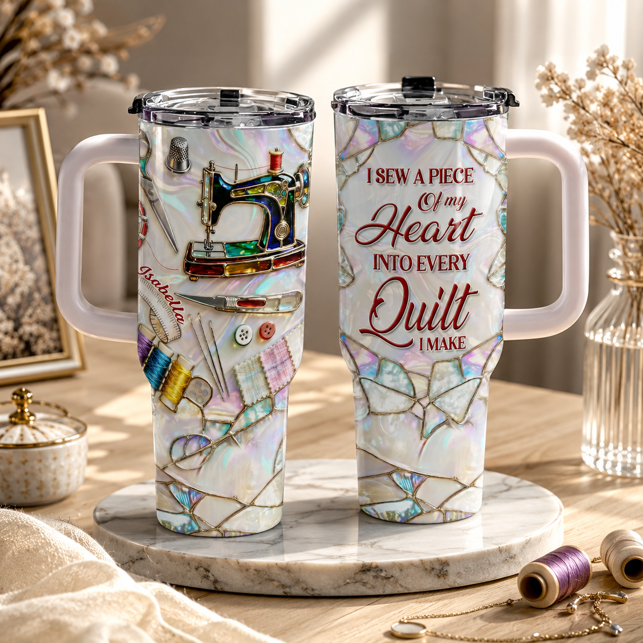 Custom Sewing 3D Effect 40oz Tumbler – Personalized Sewing Lover Cup with Handle, Quilter Gift, Seamstress Gift, Gift for Mom Daughter Her