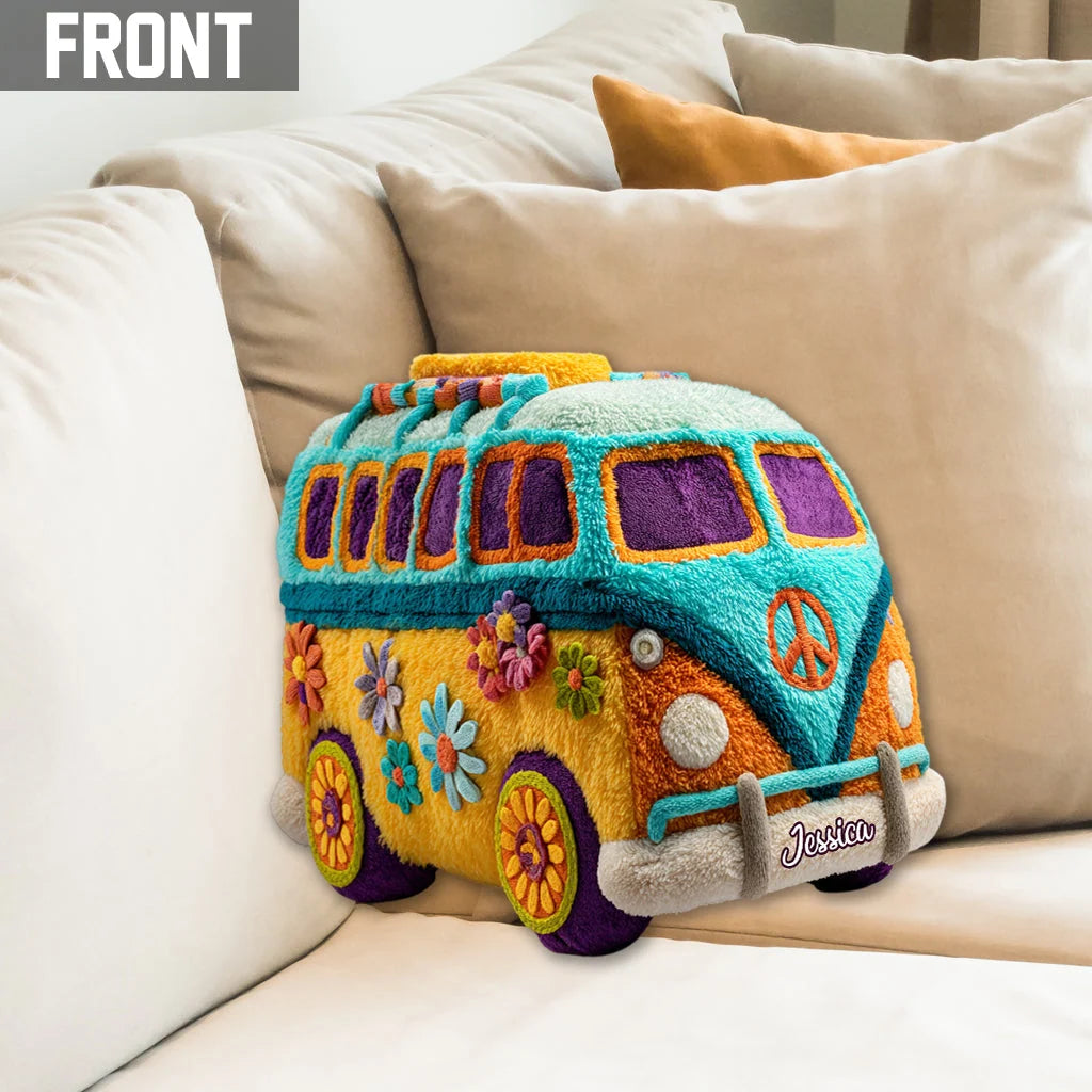 Personalized Hippie Van Shaped Pillow – Custom Name Vintage Camper Bus Plush Throw Pillow for Boho Decor & Gift