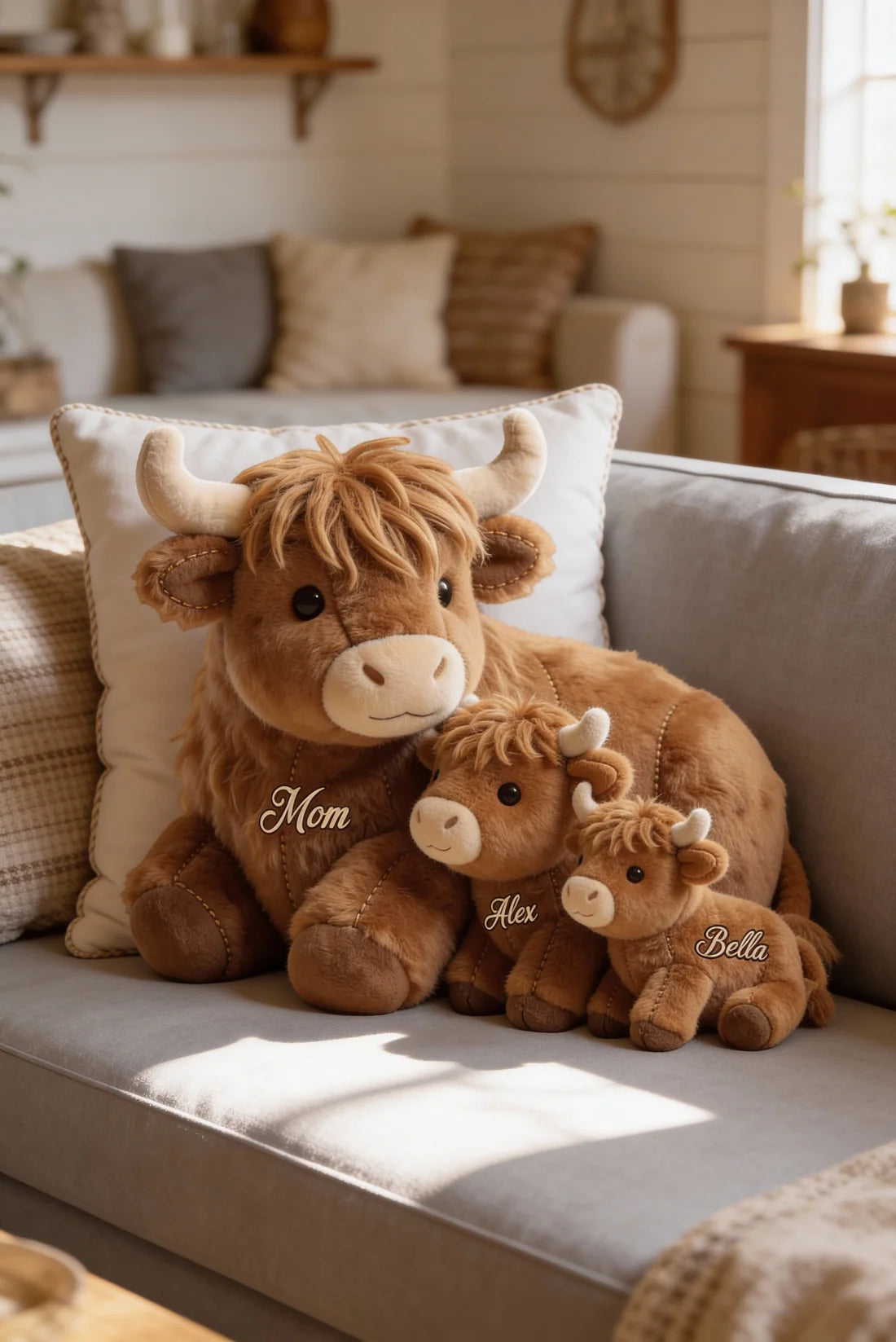 Personalized Cute Highland Cow Mama & Baby Faux Fur Shaped Pillow – Custom Name Mother’s Day Gift Throw Pillow for Home & Nursery Decor