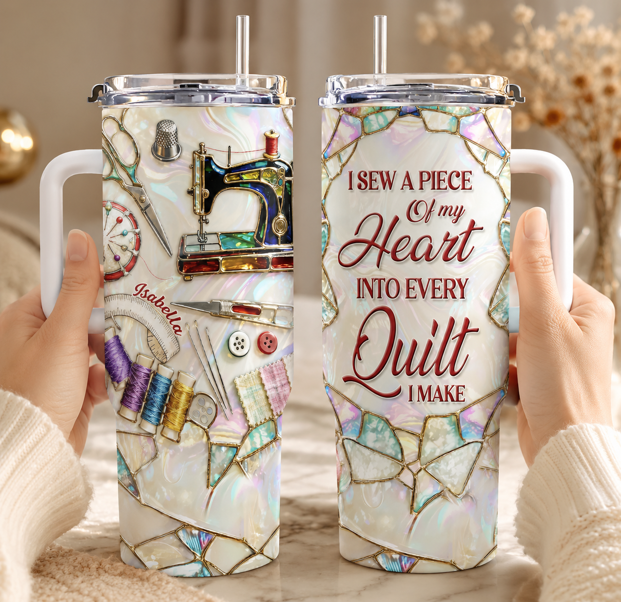 Custom Sewing 3D Effect 40oz Tumbler – Personalized Sewing Lover Cup with Handle, Quilter Gift, Seamstress Gift, Gift for Mom Daughter Her