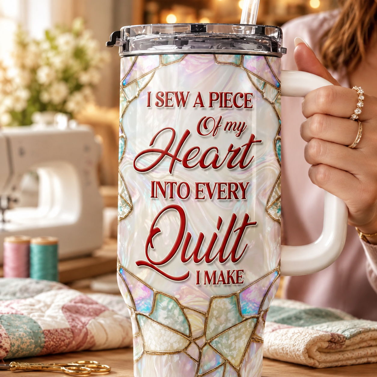 Custom Sewing 3D Effect 40oz Tumbler – Personalized Sewing Lover Cup with Handle, Quilter Gift, Seamstress Gift, Gift for Mom Daughter Her