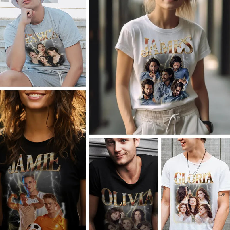 Custom Unique Vintage Photo Pet Tee, Personalized Name T-shirt Couple Gifts Black