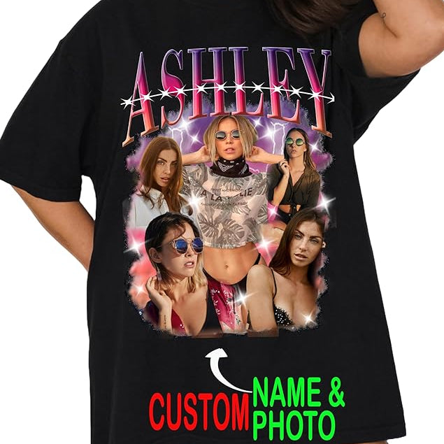 Custom Unique Vintage Photo Pet Tee, Personalized Name T-shirt Couple Gifts Black