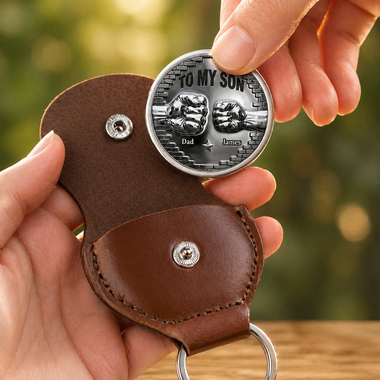 Für meinen Sohn Hosentaschen-Glücksbringer – Personalisiertes Geschenk von Papa, gravierte Nachricht Münze, Leder Schlüsselanhänger, bedeutungsvolles Geschenk für den Sohn