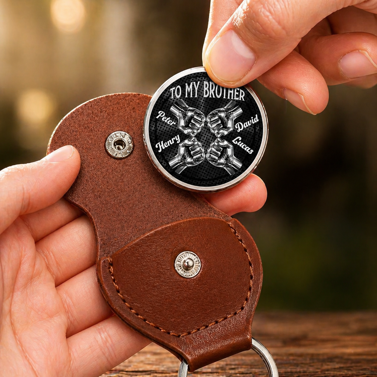 Individueller Taschenumarmung-Token für Bruder – Personalisiertes Geschenk, Leder-Schlüsselanhänger, Edelstahlmünze – Geschenk für Fernbeziehung