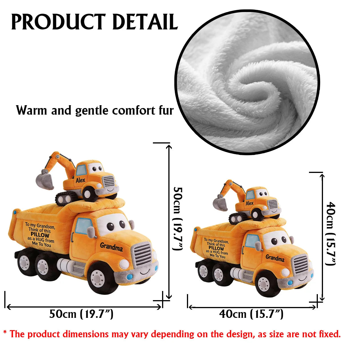 Personalized Construction Truck Faux Fur Shaped Pillow – Custom Name Dump Truck & Excavator Plush Cushion for Kids Room Decor & Gift