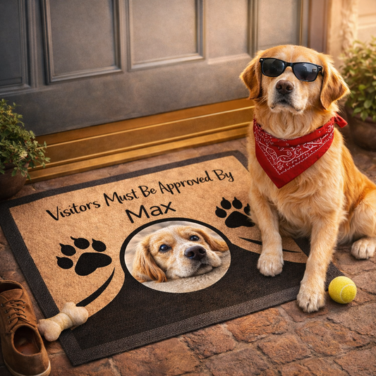 Personalized Dog Door Mat with Photo & Name – “Visitors Must Be Approved” Custom Welcome Mat, Non-Slip & Durable