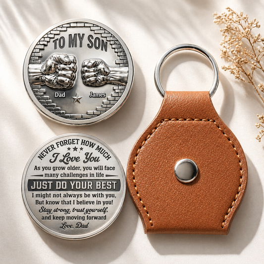 To My Son Pocket Hug Token – Personalized Gift from Dad, Engraved Message Coin, Leather Keychain, Meaningful Gift for Son