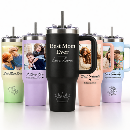 Personalisierter 40 oz Becher mit Henkel und Strohhalm, Custom Tumbler mit Bild, Logo, Text, Reisekaffeebecher aus Edelstahl