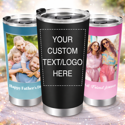 Personalisierter 20oz Edelstahlbecher, individuelles Foto, Logo & Text, Reisekaffeetasse, perfektes Geschenk für Frauen & Männer