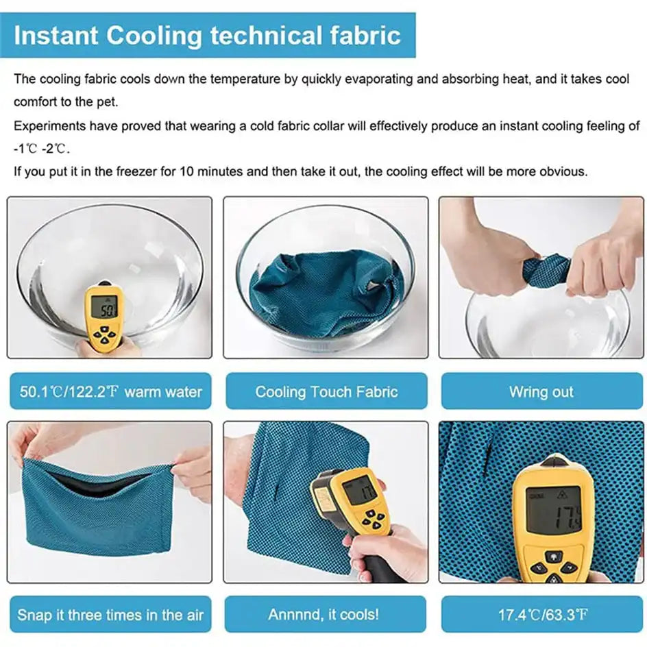 Technical demonstration of Cooling Bandana's fabric cooling effect using thermometer, ideal for dog heat protection.