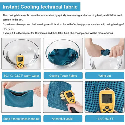 Technical demonstration of Cooling Bandana's fabric cooling effect using thermometer, ideal for dog heat protection.