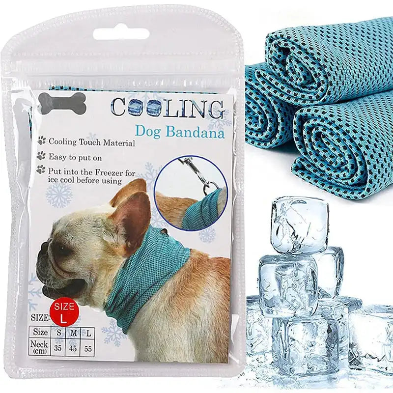 Cooling Bandana for dogs in retail packaging with ice cubes and rolled fabric, ideal for heat protection during summer.