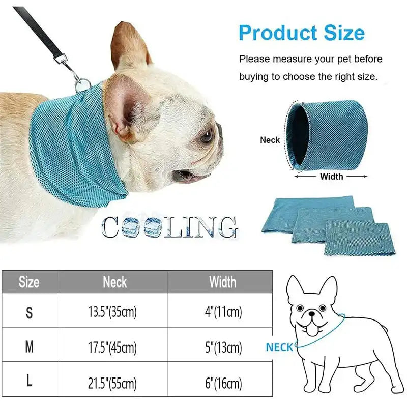 Size chart and usage guide for Cooling Bandana for dogs, available in S, M, L for effective heat protection.