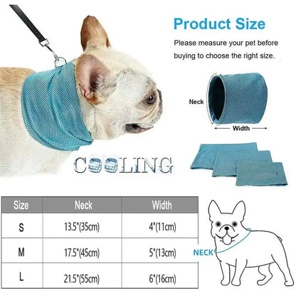 Size chart and usage guide for Cooling Bandana for dogs, available in S, M, L for effective heat protection.