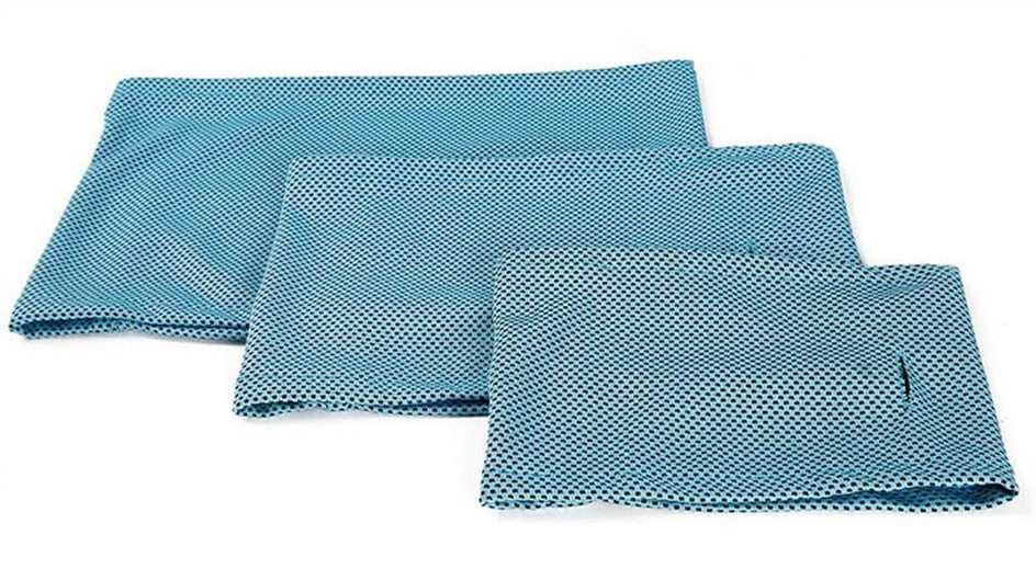 Three sizes of Cooling Bandanas for dogs laid flat, made with soft mesh fabric for summer heat relief.