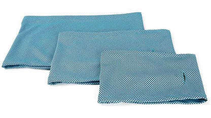 Three sizes of Cooling Bandanas for dogs laid flat, made with soft mesh fabric for summer heat relief.