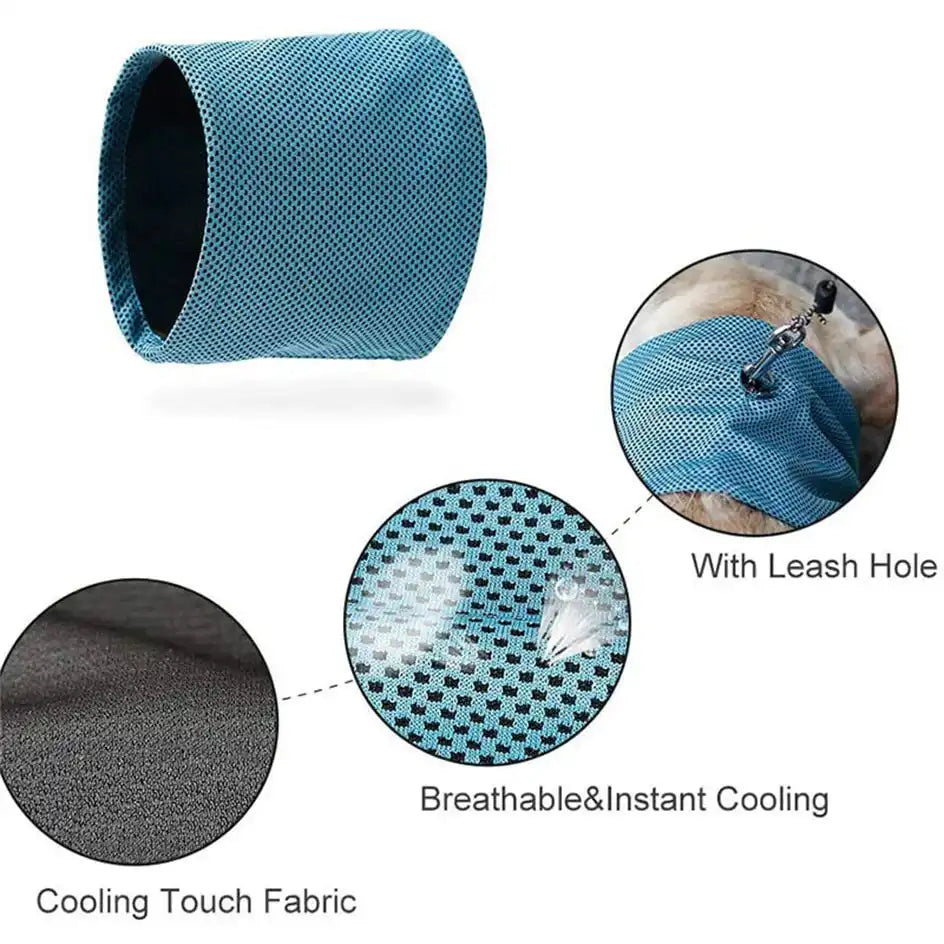 Cooling Bandana with leash hole and breathable fabric close-ups, designed for dogs to prevent overheating.