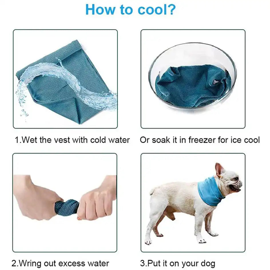 Instructions showing how to activate the Cooling Bandana for dogs using water or freezer for summer safety.