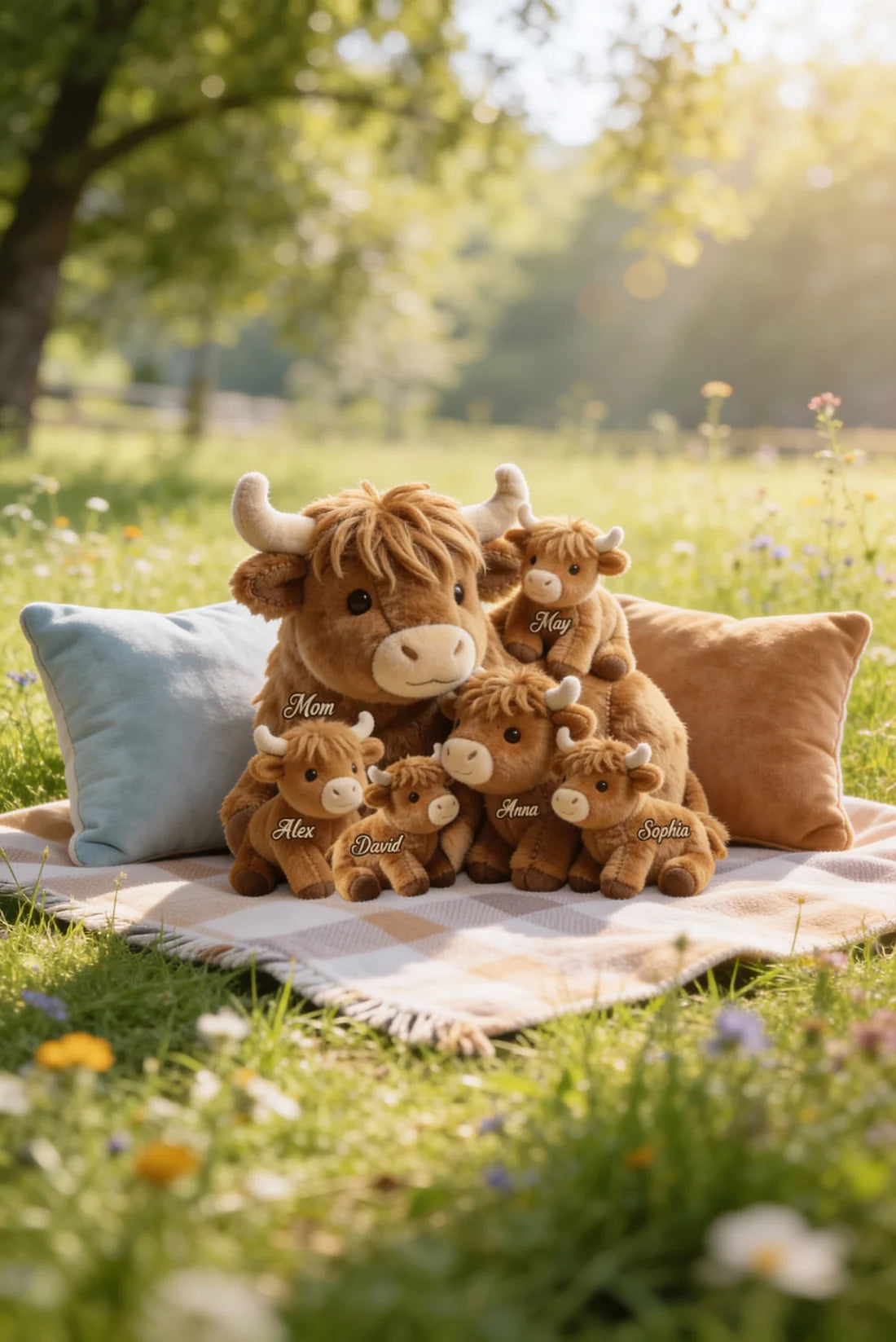 Personalized Cute Highland Cow Mama & Baby Faux Fur Shaped Pillow – Custom Name Mother’s Day Gift Throw Pillow for Home & Nursery Decor