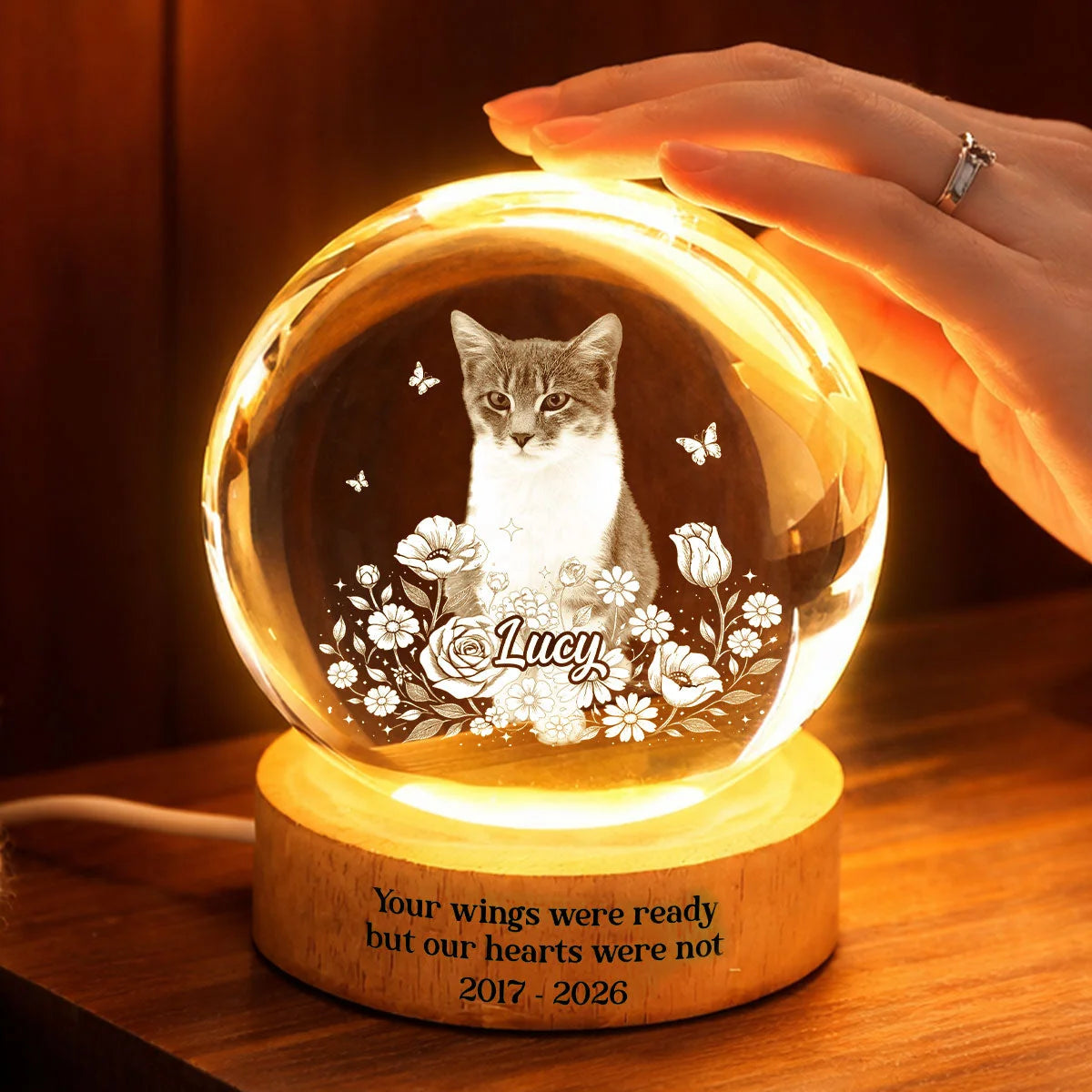 Personalized Pet Photo Crystal Sphere Night Lamp – Custom Dog & Cat Portrait 3D Etched LED Memorial Gift