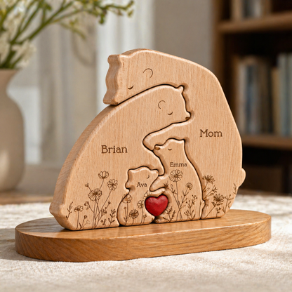 Personalisiertes Holzpuzzle „Bärenfamilie“ – Individuelles Namensgeschenk für Mama, Muttertag, Familienerbstück Deko